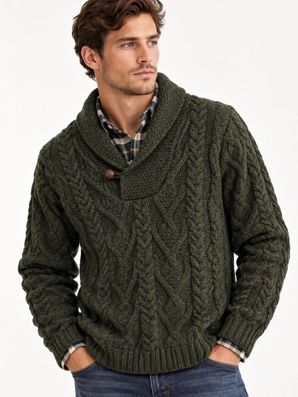 Aran Crafts Men’s 100% Merino Wool Irish Cable Knit Shawl Sweater XL
